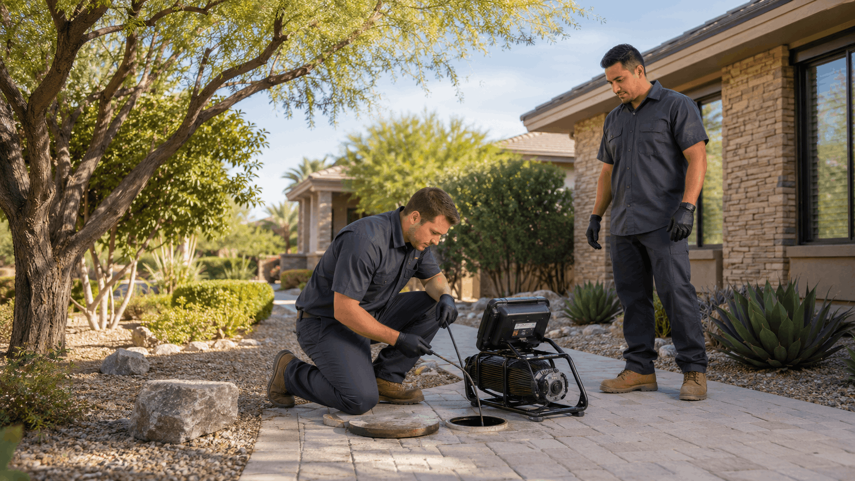 Two plumbers performing camera sewer inspection at Las Vegas home with drain snake equipment