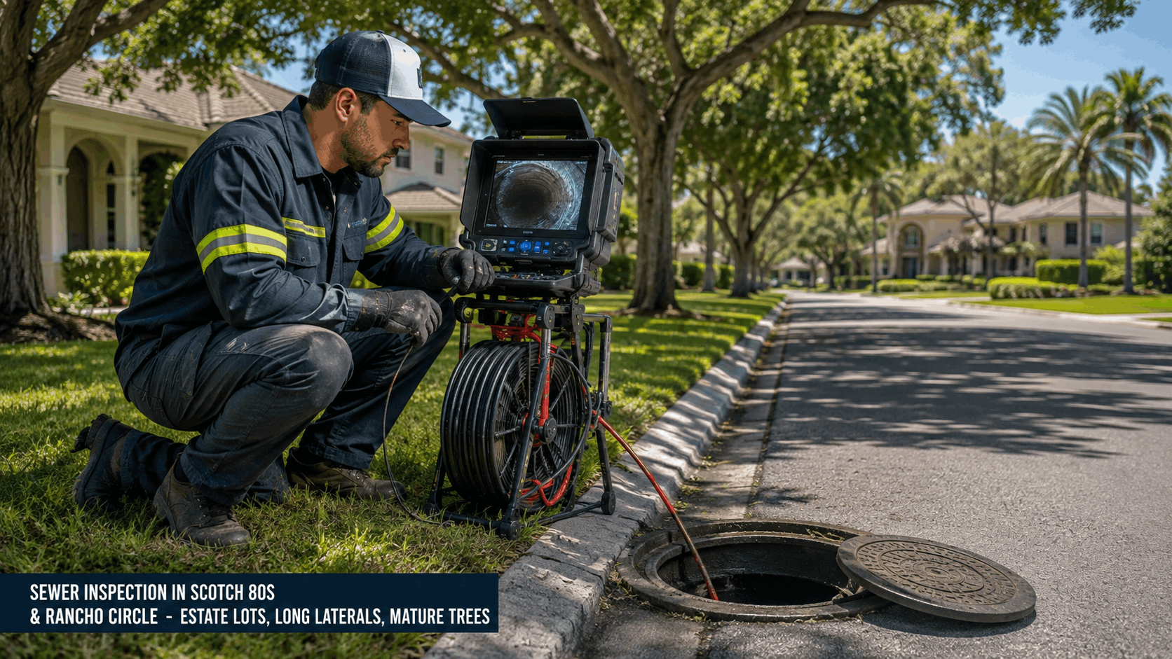 Plumber performing sewer camera inspection at manhole on affluent tree-lined residential street