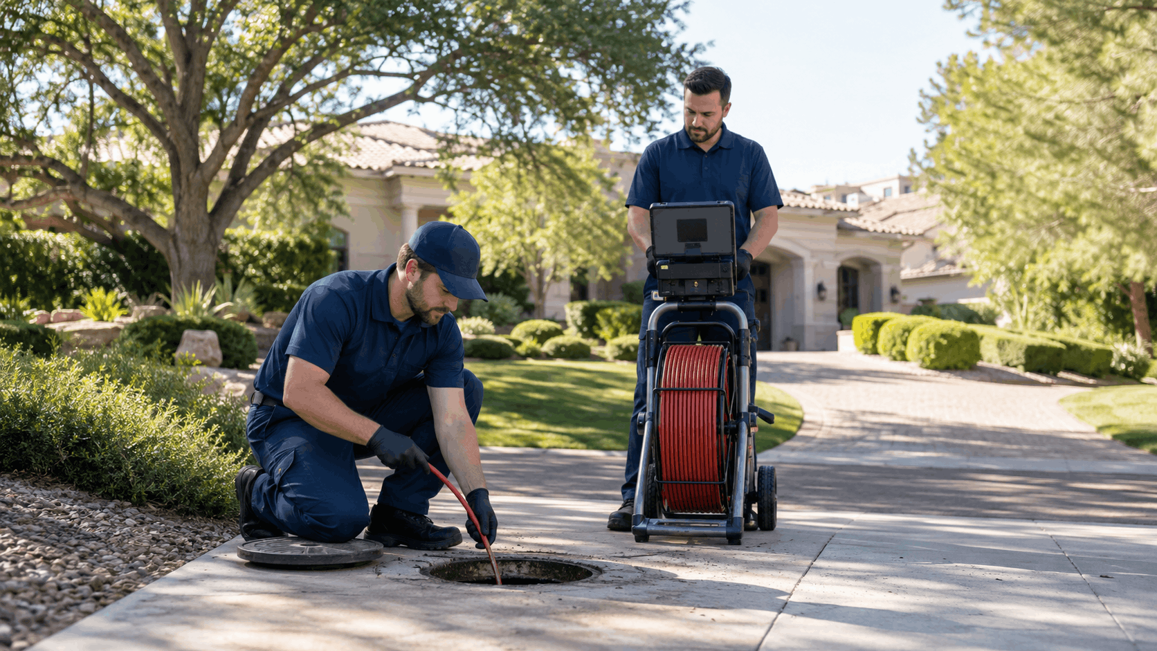 Two Active Plumbing technicians performing sewer camera inspection at Las Vegas estate driveway