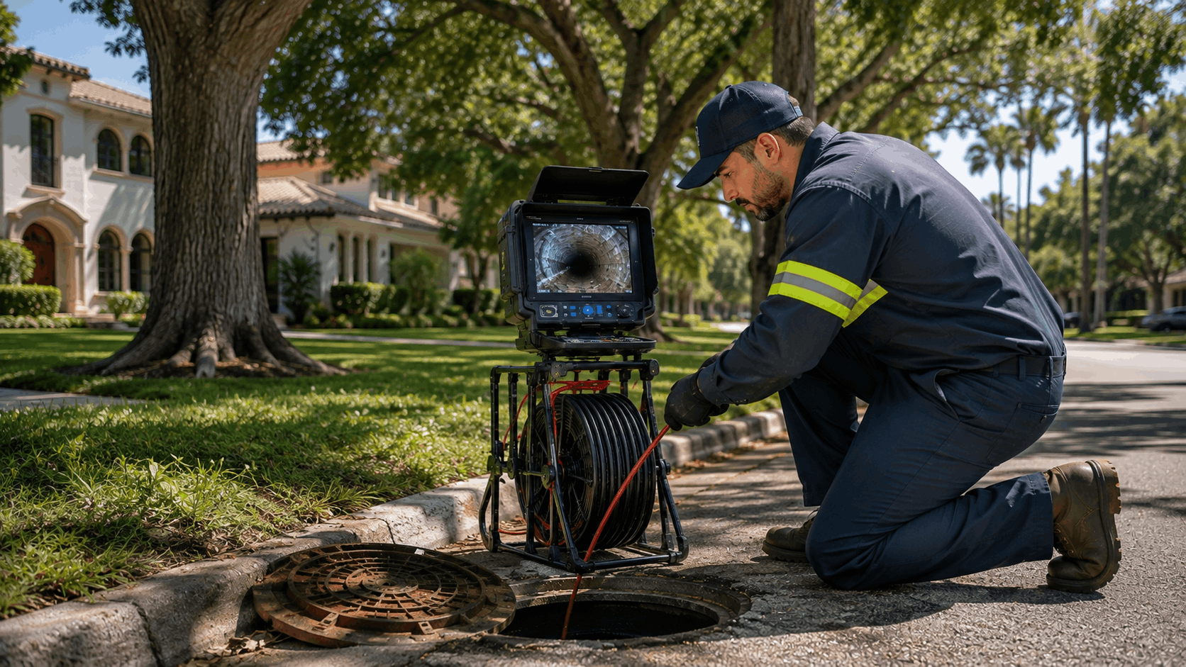 Plumber performing sewer camera inspection with monitor at Las Vegas residential street manhole
