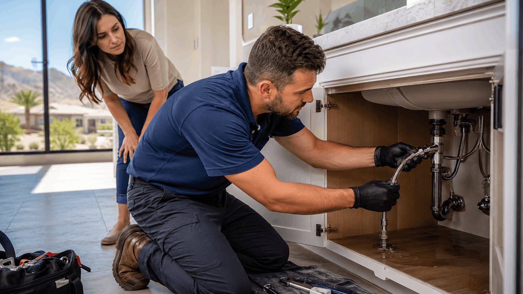Las Vegas plumber replacing angle stop and supply line under bathroom sink vanity