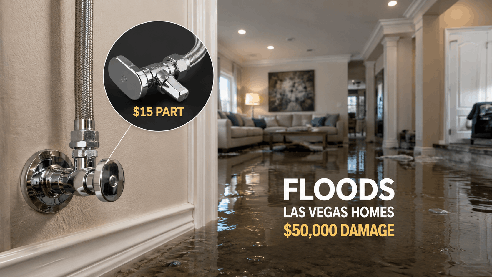 Failed toilet supply valve causing $50,000 flood damage in Las Vegas home