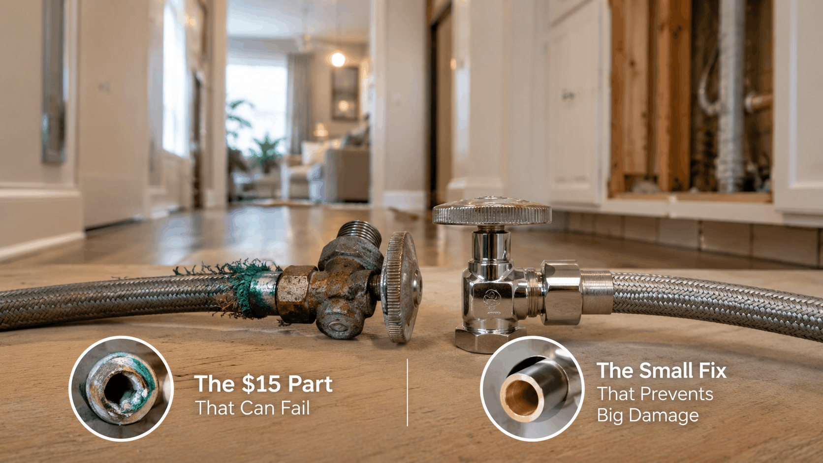 Corroded failing shut-off valve compared to new chrome replacement valve on hardwood floor
