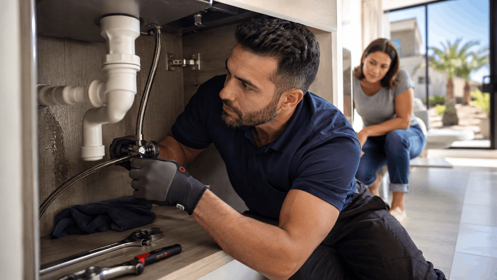 Licensed Las Vegas plumber repairing under-sink pipes while homeowner watches nearby