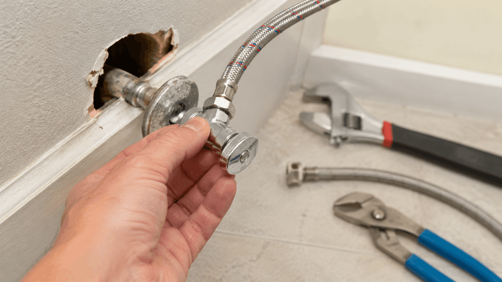 Plumber installing braided supply line to shutoff valve with plumbing tools nearby