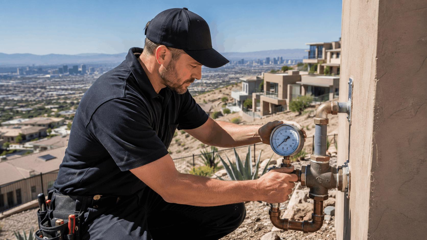 Plumber testing water pressure gauge on hillside home plumbing system overlooking Las Vegas