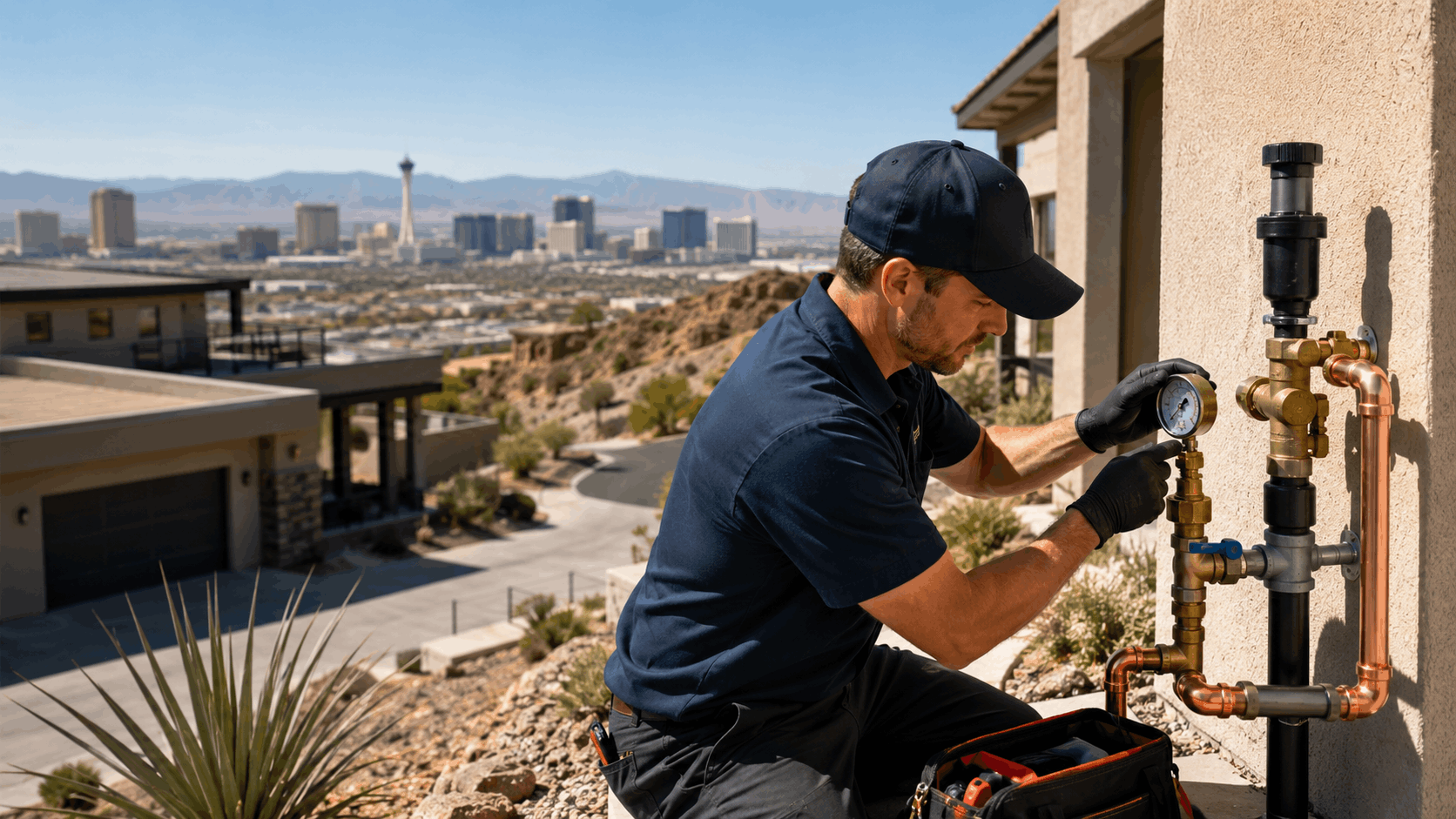 Licensed plumber checking water pressure gauge on copper pipes at Las Vegas home