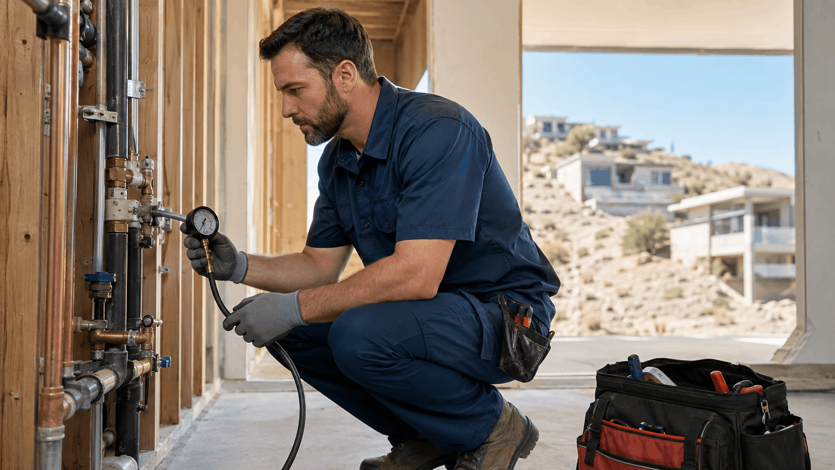 Licensed Las Vegas plumber pressure testing copper pipe system in new construction home