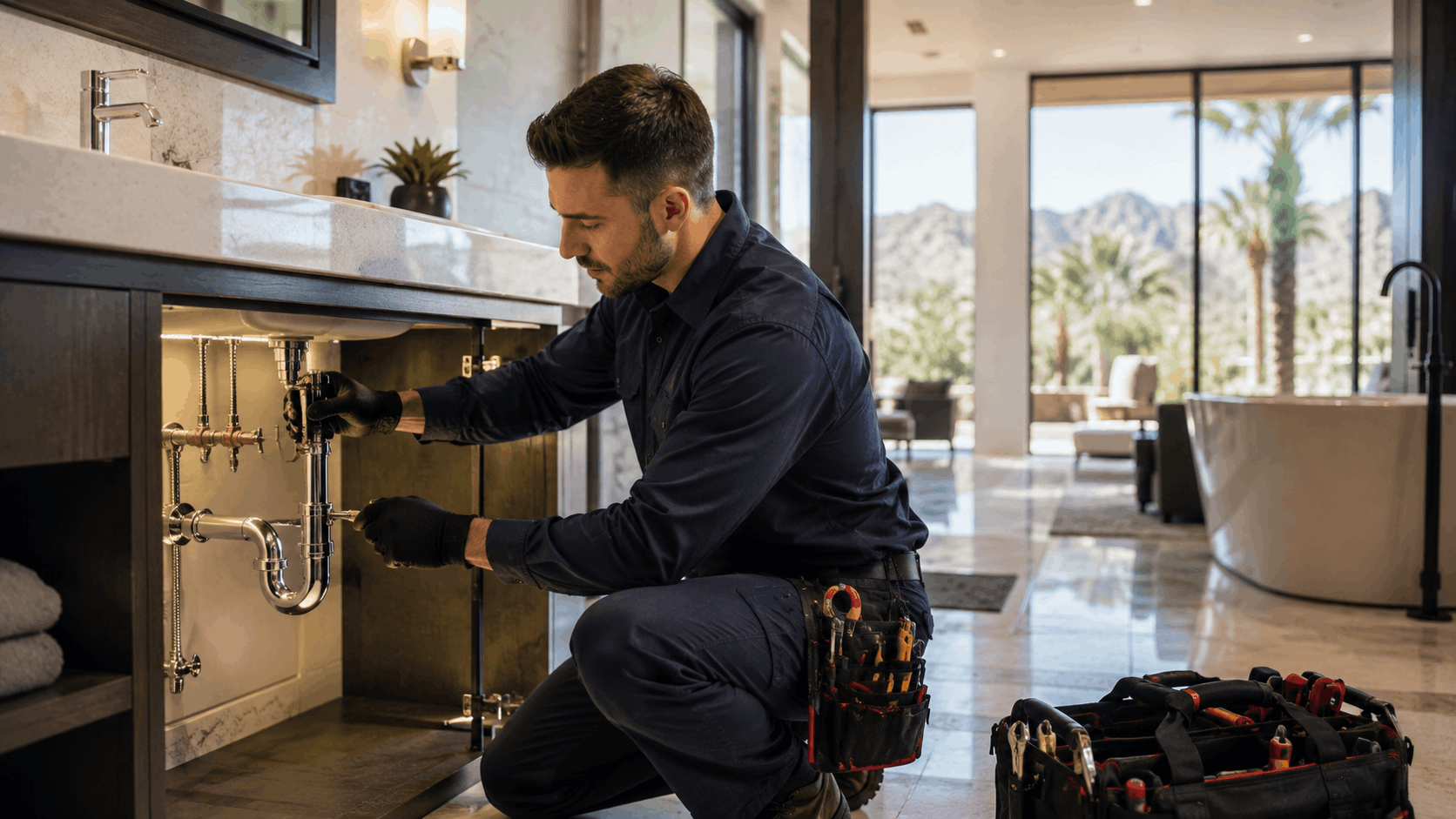 Plumber servicing under-sink pipes in luxury Las Vegas estate home bathroom