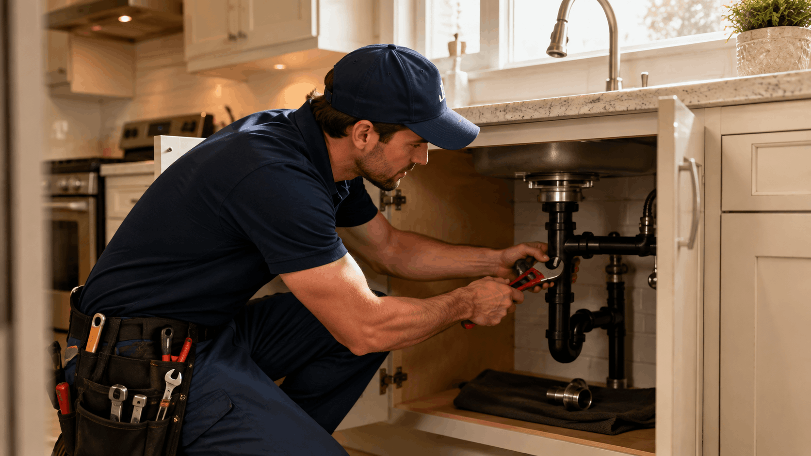 Plumber repairing kitchen sink pipes with wrench in luxury Las Vegas home