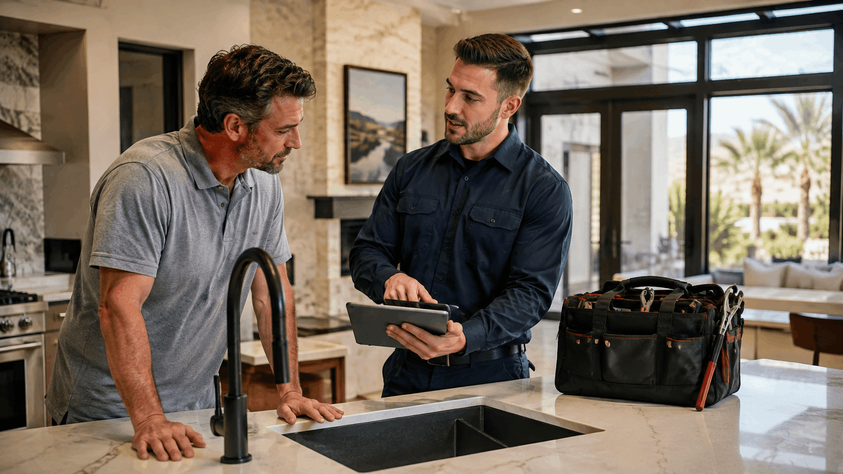 Plumber showing homeowner tablet estimate for plumbing service plan in luxury Las Vegas kitchen