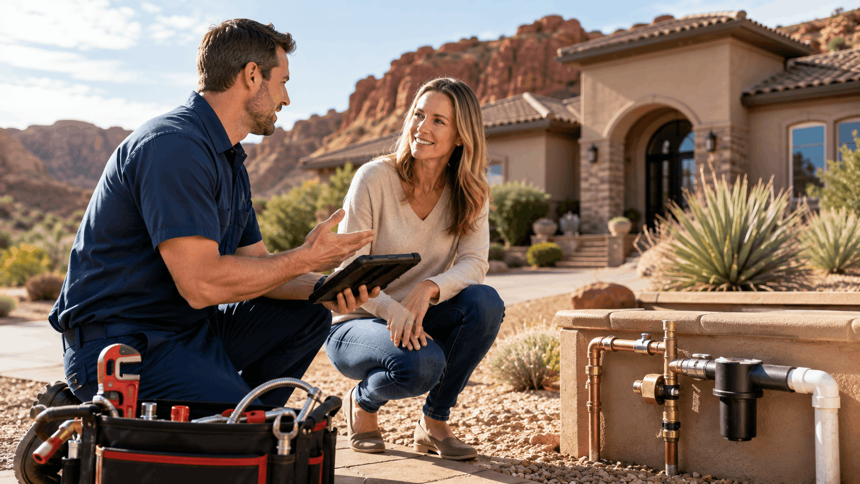 Active Plumbing technician consulting homeowner near outdoor plumbing system in Red Rock Las Vegas