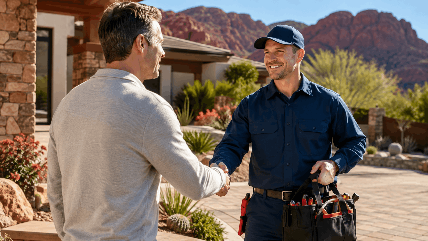 Las Vegas plumber in navy uniform shaking hands with homeowner outside desert residence