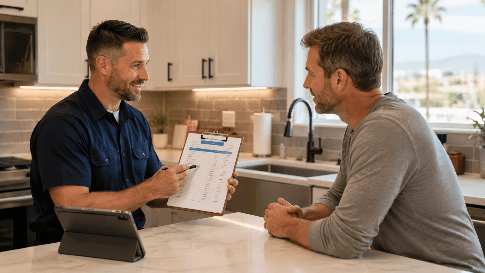 Plumber showing flat rate pricing clipboard to homeowner in modern Las Vegas kitchen