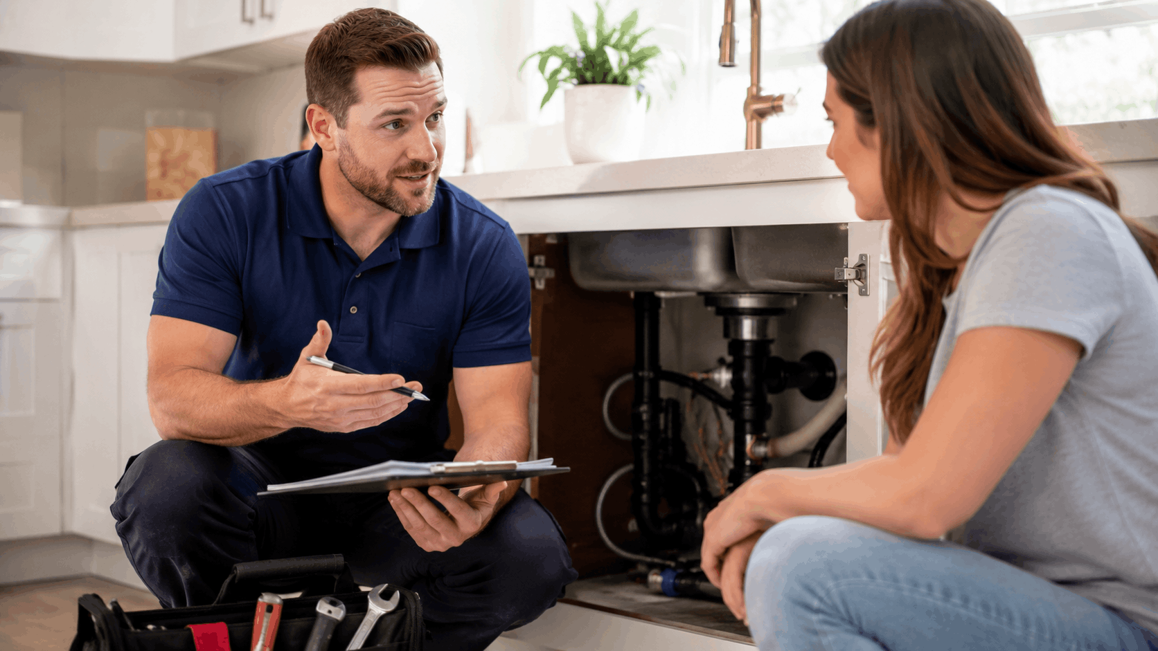 Plumber discussing repair costs with homeowner beside open kitchen sink cabinet in Las Vegas
