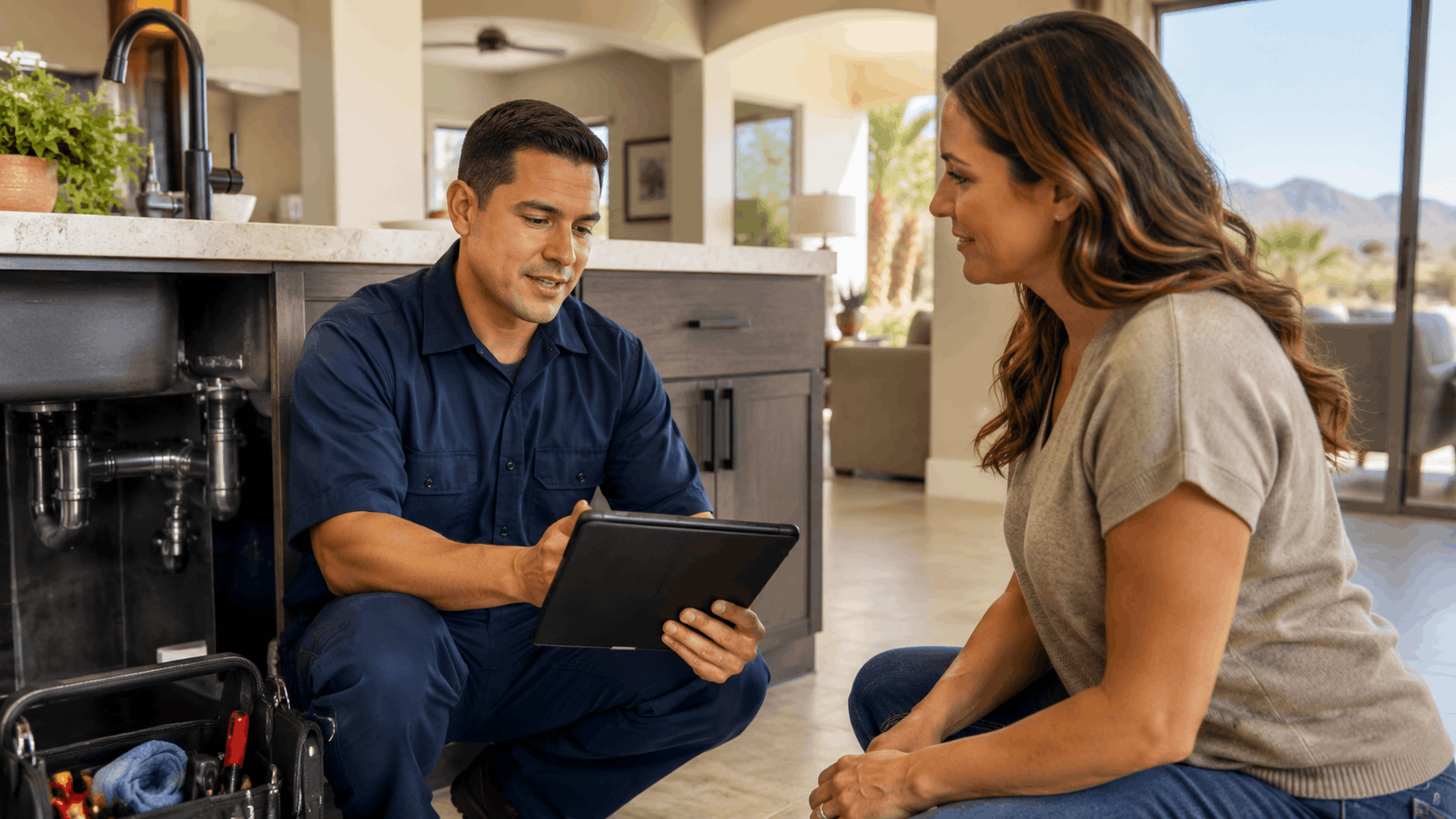Plumber showing homeowner tablet with plumbing quote under kitchen sink Las Vegas