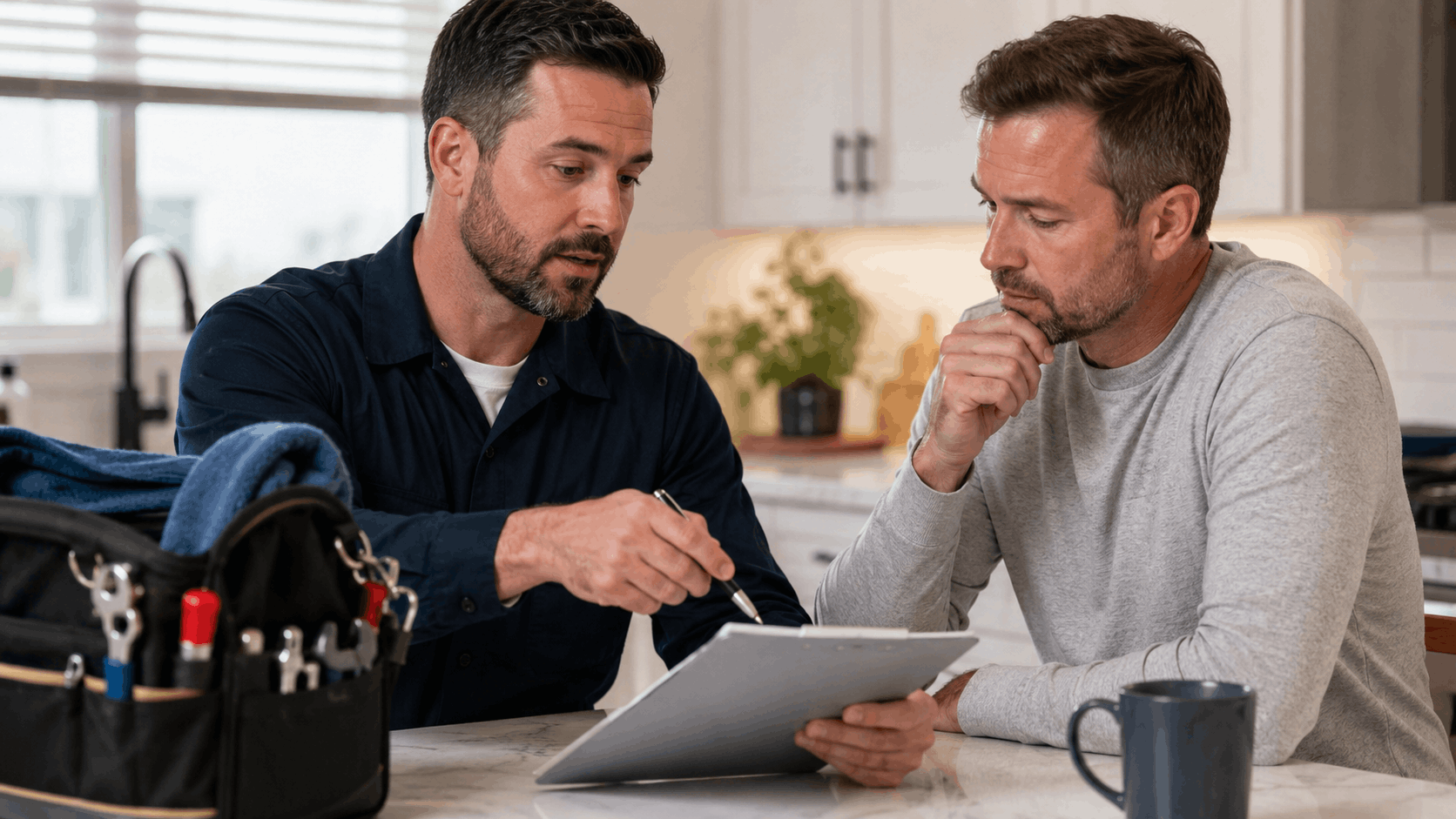 Las Vegas plumber reviewing pricing estimate with homeowner at kitchen counter