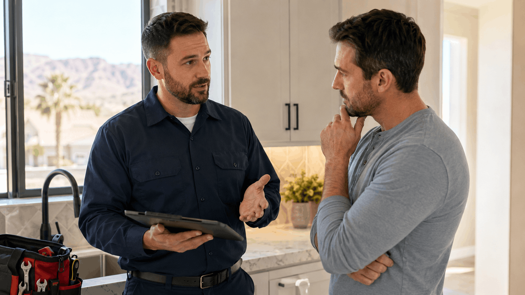 Las Vegas plumber in uniform consulting homeowner in modern kitchen with tablet