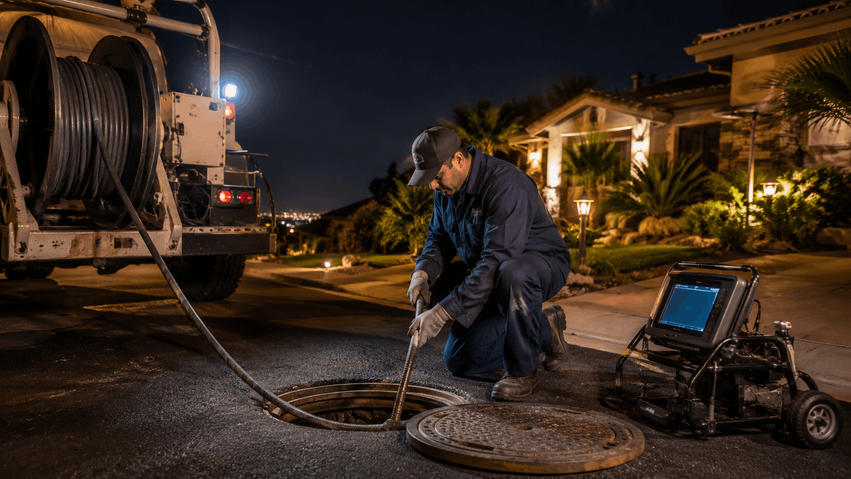 Plumber inserting sewer snake into manhole at night in Las Vegas neighborhood
