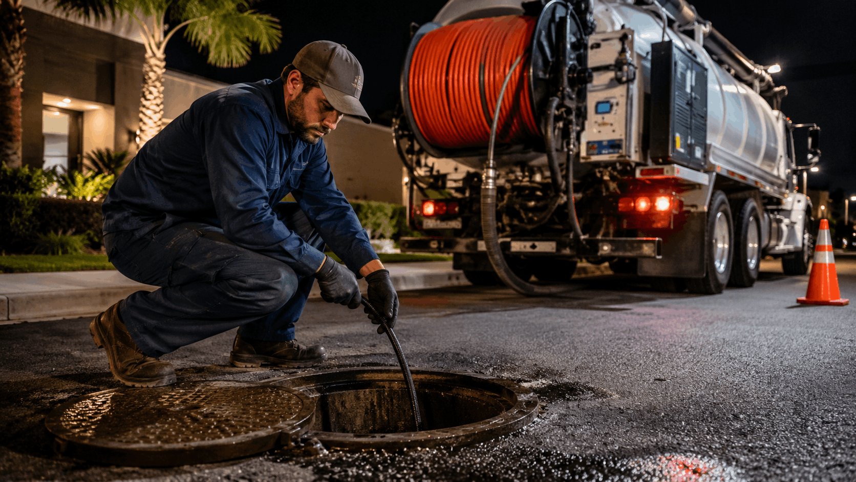 Plumber performing emergency drain cleaning at night using hydro jetting truck