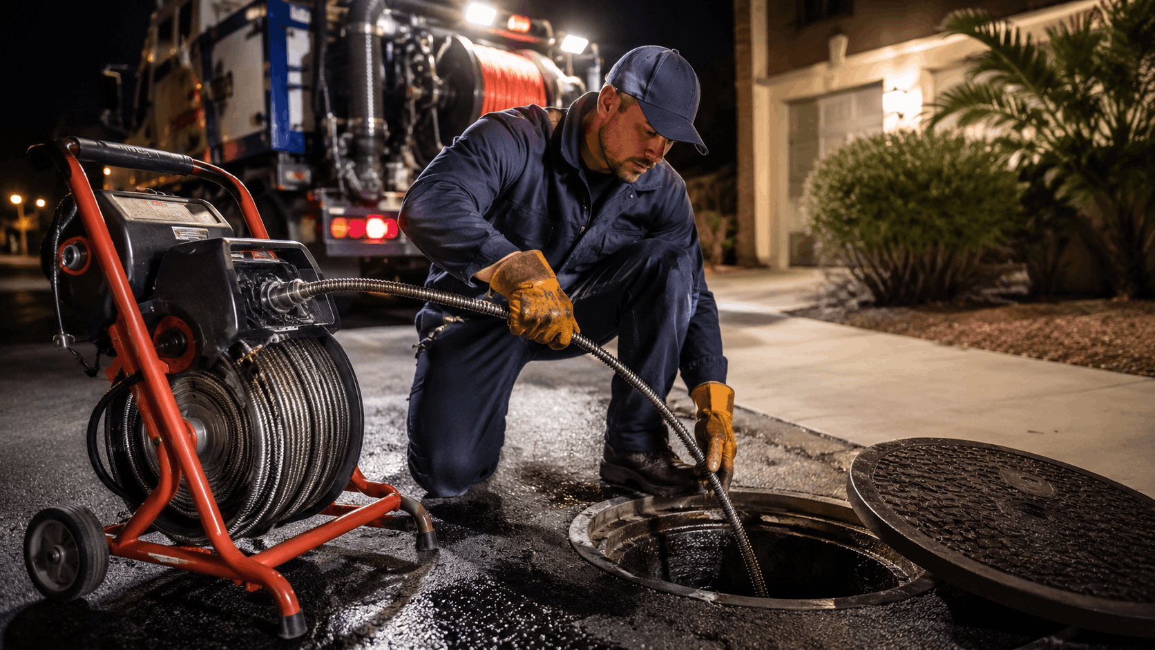 Plumber snake rodding sewer manhole at night in Las Vegas neighborhood