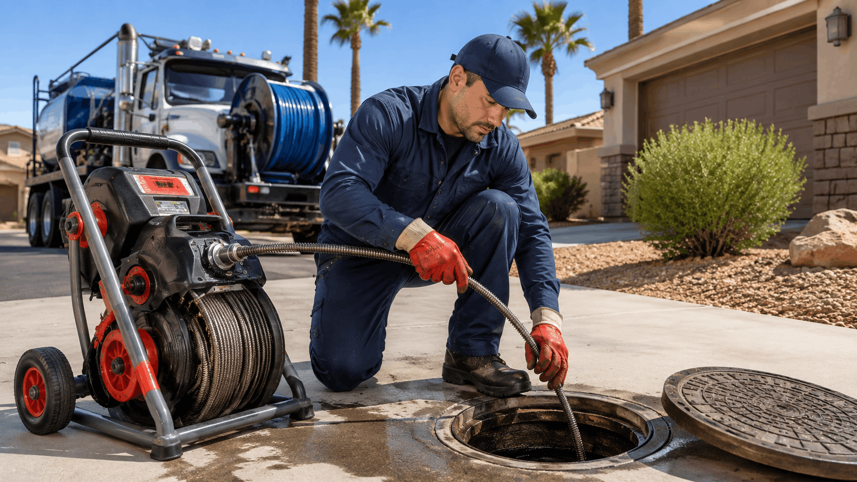 Plumber snaking main sewer line through manhole with drain cleaning machine in Las Vegas