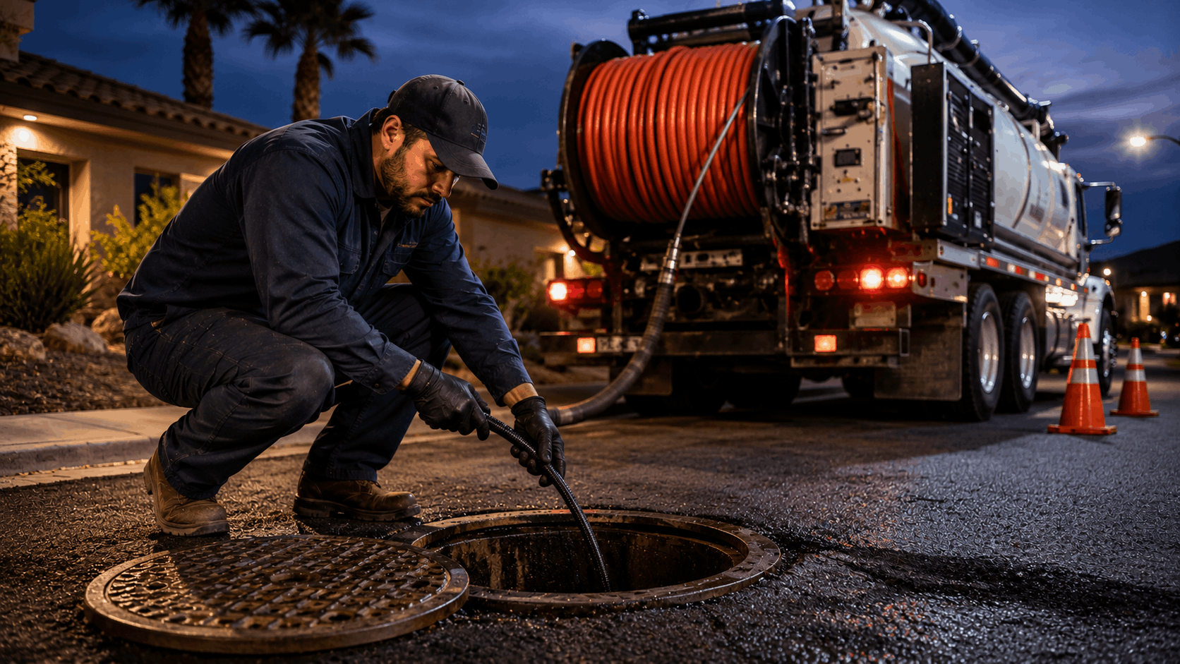Las Vegas plumber performing nighttime sewer jetting service at residential manhole