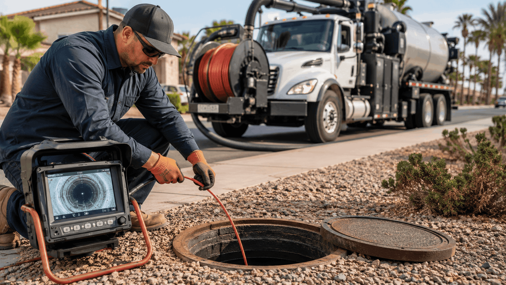 Plumber using sewer camera inspection equipment at open manhole in Las Vegas neighborhood