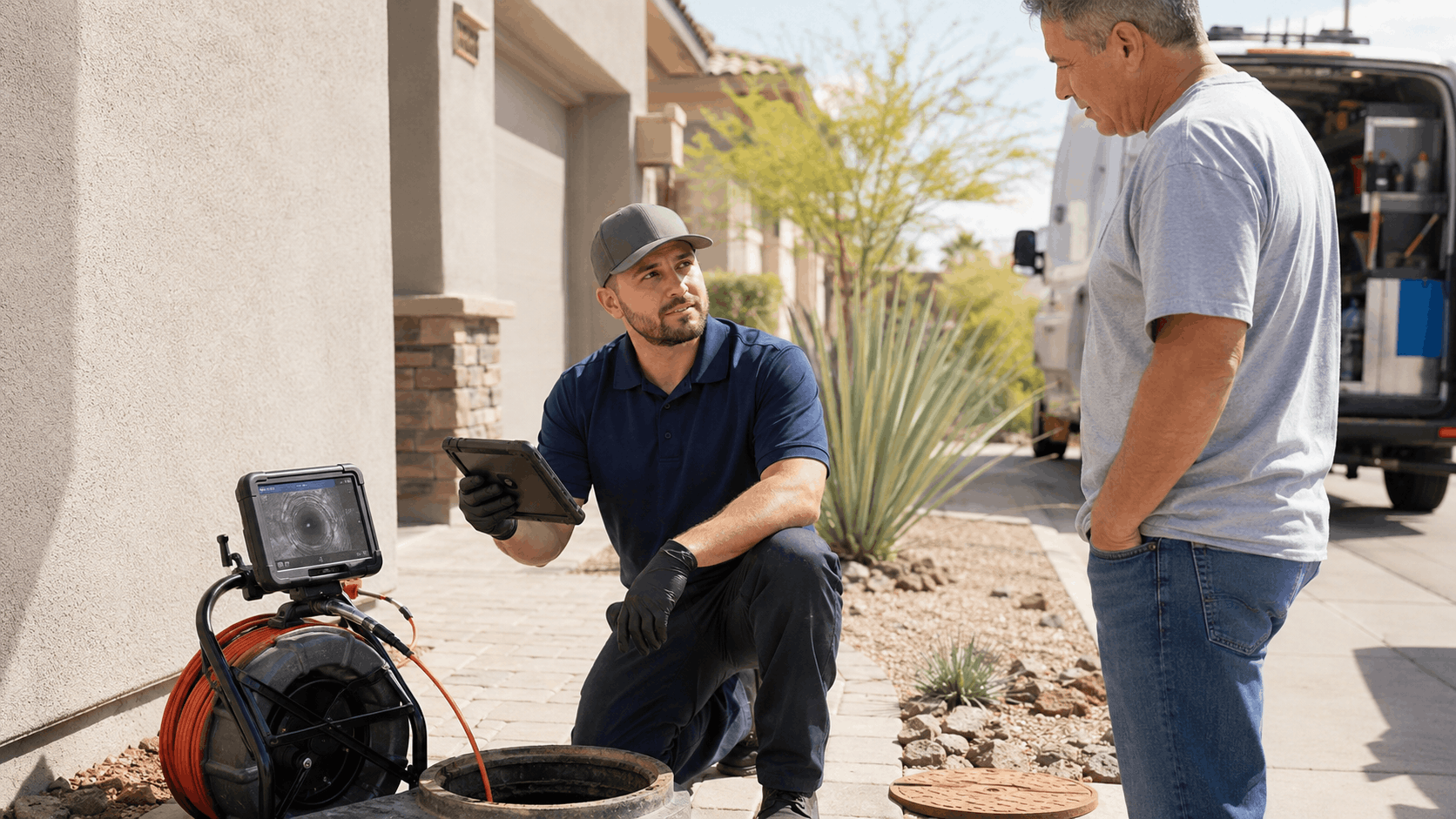 Las Vegas plumber performing sewer camera inspection while explaining findings to homeowner