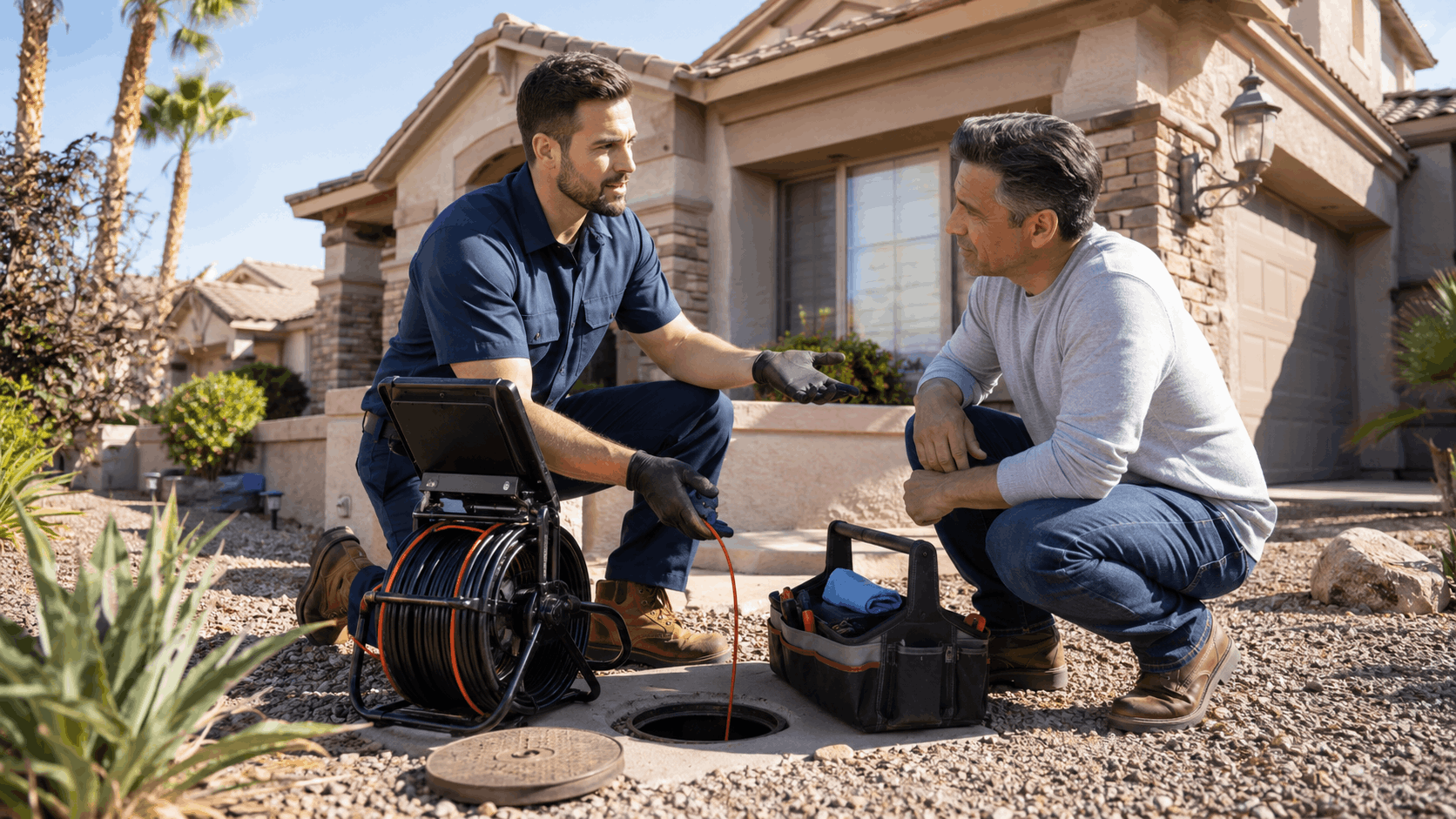 Plumber performing sewer line camera inspection with homeowner in Las Vegas yard
