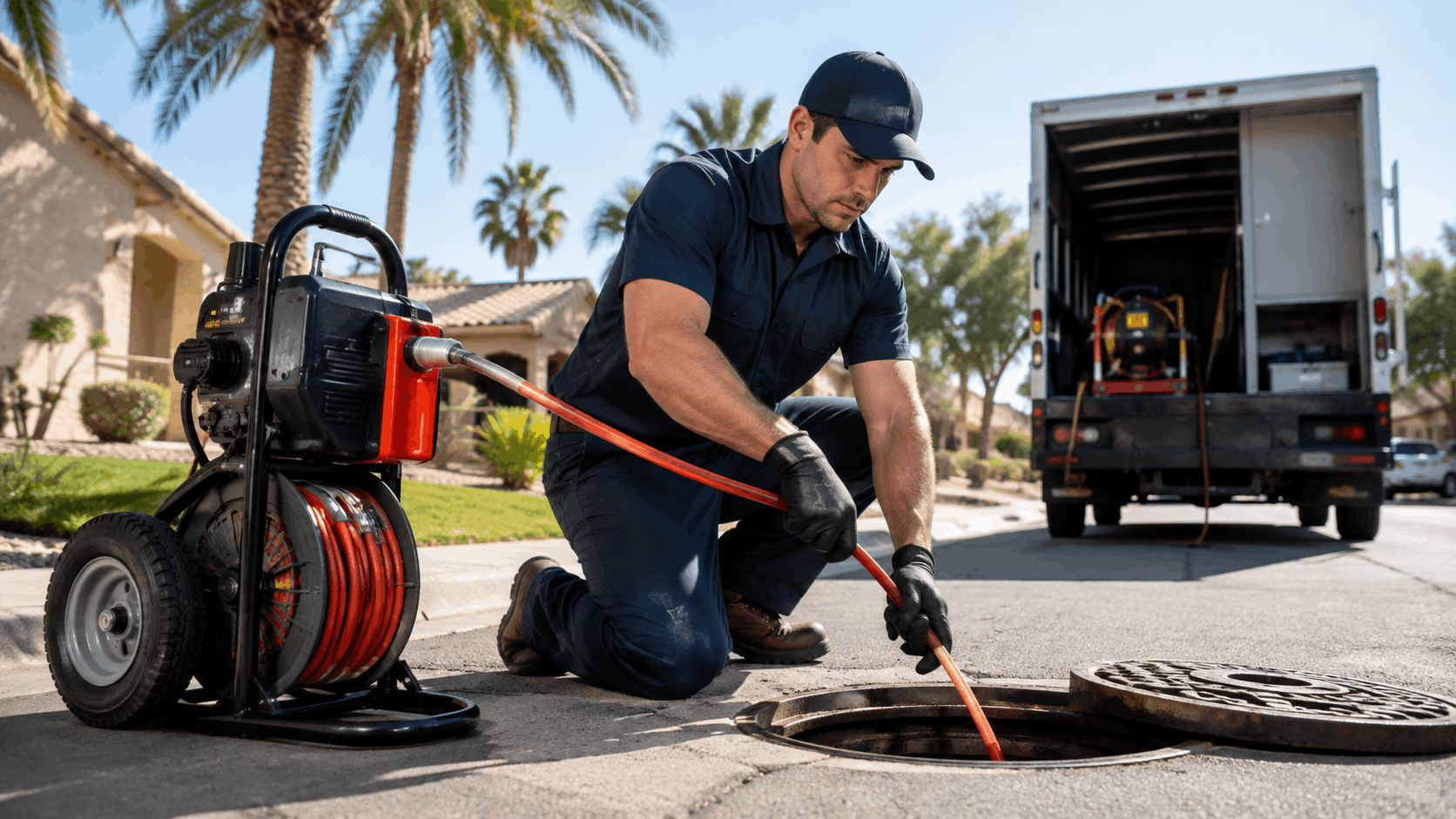 Las Vegas plumber using drain snake machine to clear residential sewer line