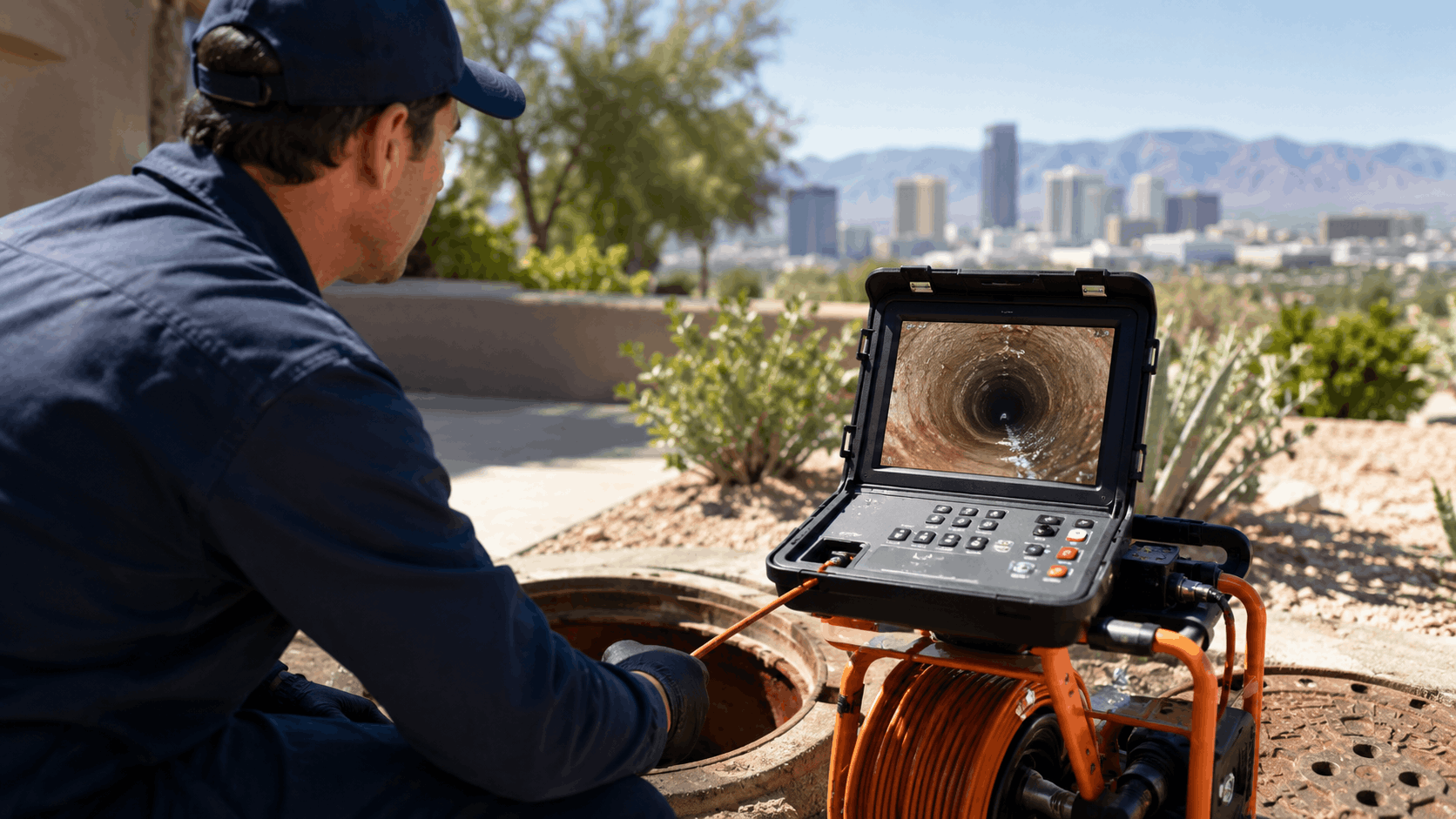 Plumber using sewer scope camera inspection equipment at Las Vegas manhole access point