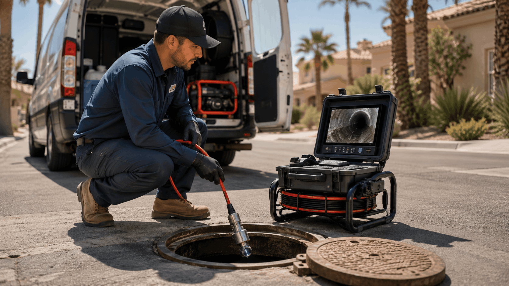 Plumber inserting sewer camera into Las Vegas manhole with inspection monitor displaying pipe interior
