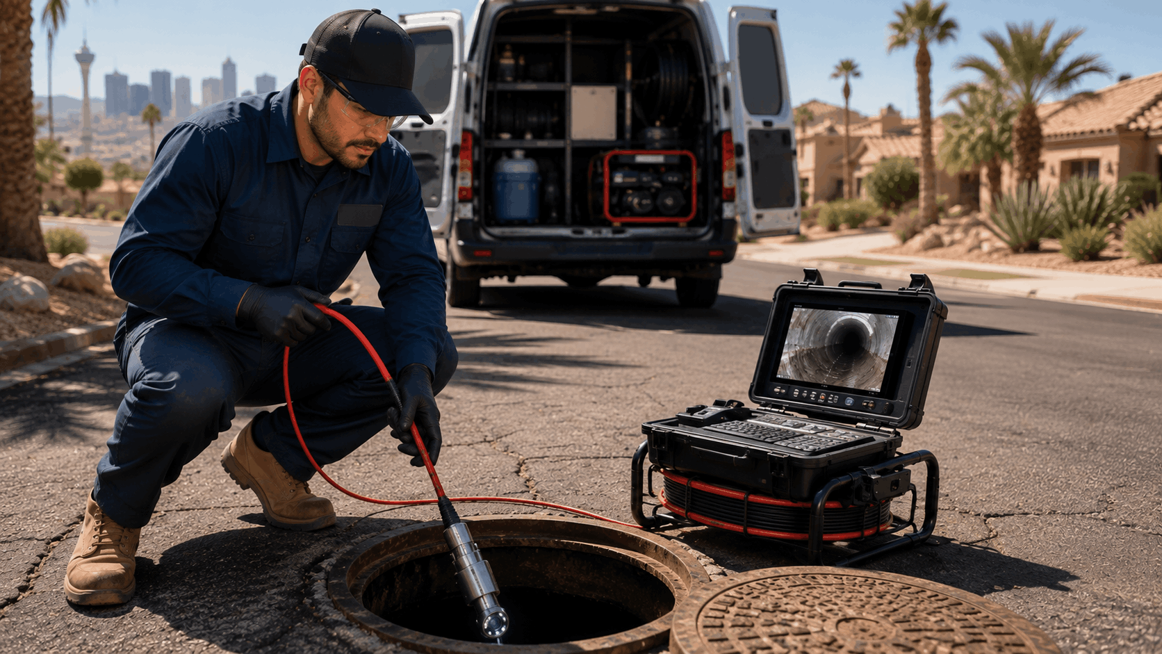 Plumber inserting sewer camera into Las Vegas neighborhood manhole for pipe inspection