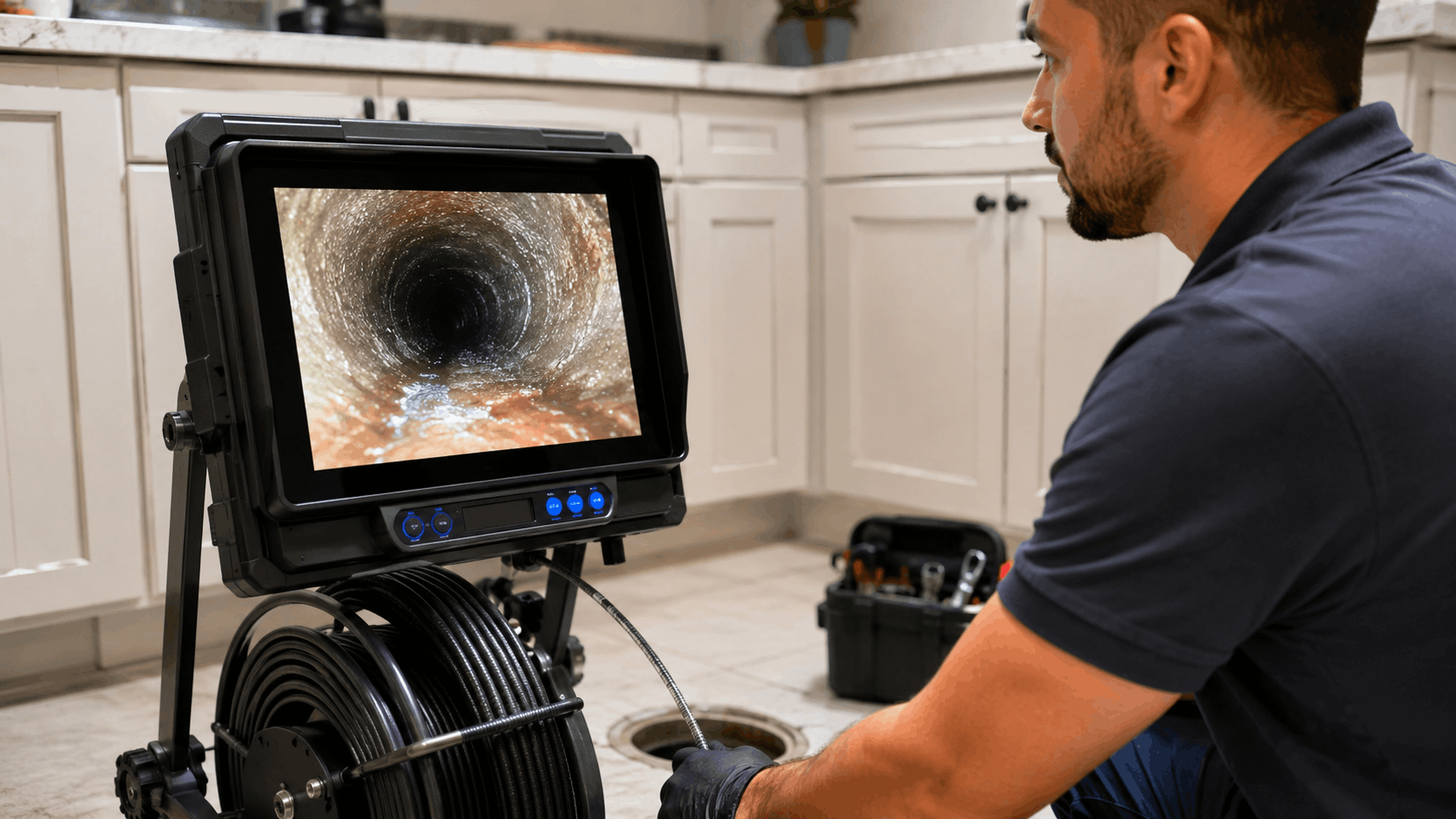 Plumber using sewer scope camera system to inspect drain pipe in Las Vegas kitchen