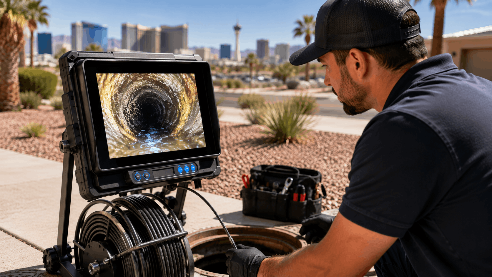 Las Vegas plumber performing sewer camera inspection with monitor showing pipe interior