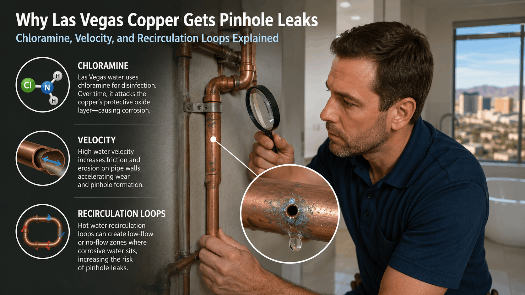 Plumber inspecting copper pipe pinhole leak with magnifying glass in Las Vegas home
