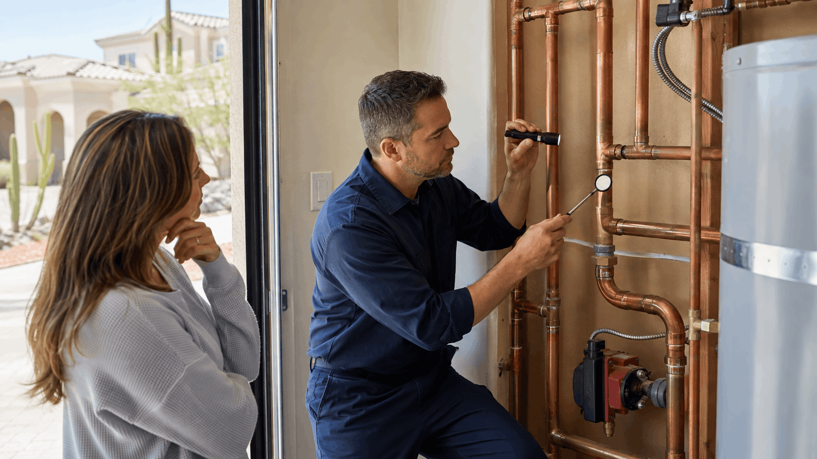 Plumber inspecting copper pipes with flashlight while homeowner watches in Las Vegas home