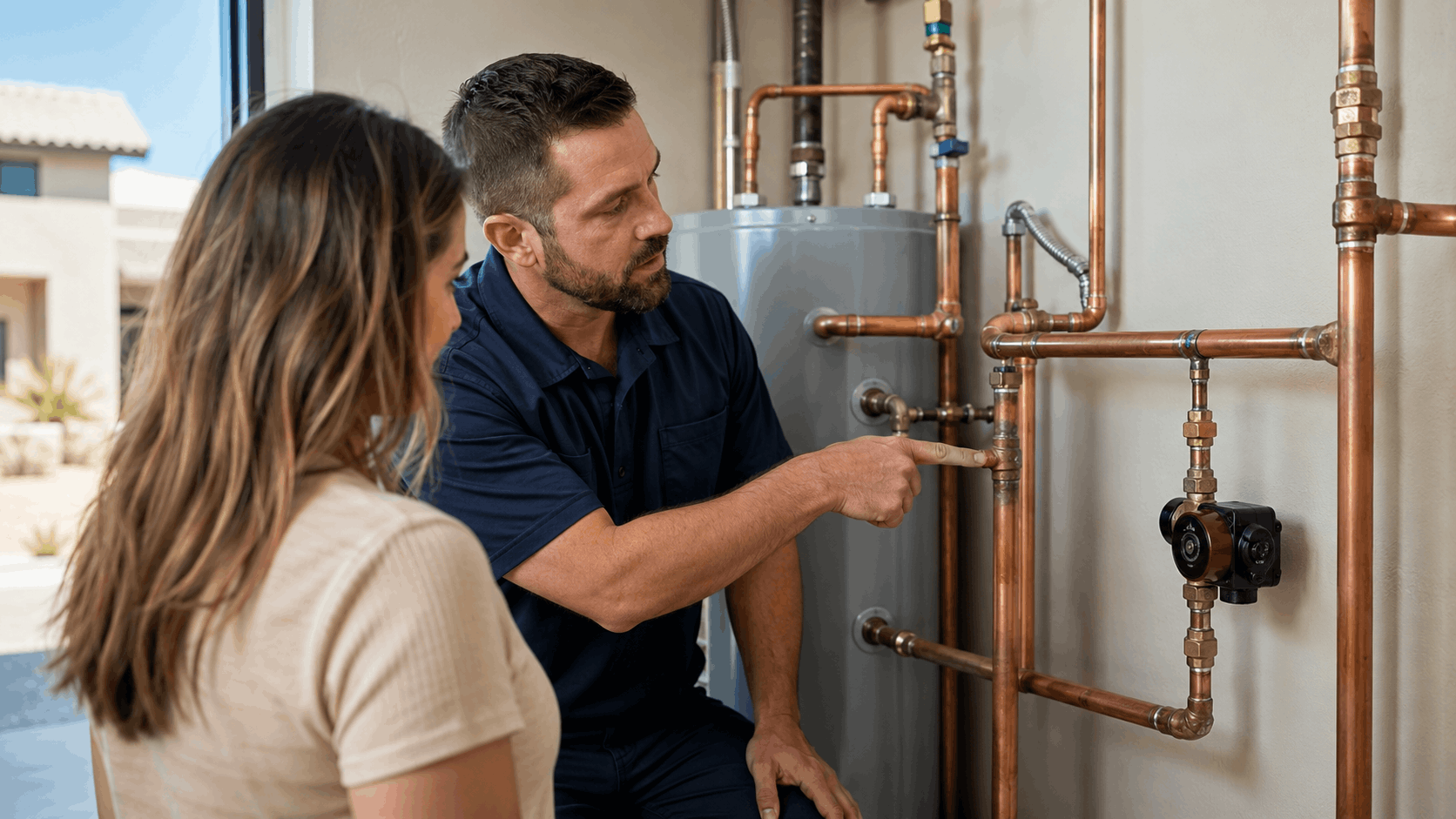 Plumber explaining copper pipe system and water heater to Las Vegas homeowner