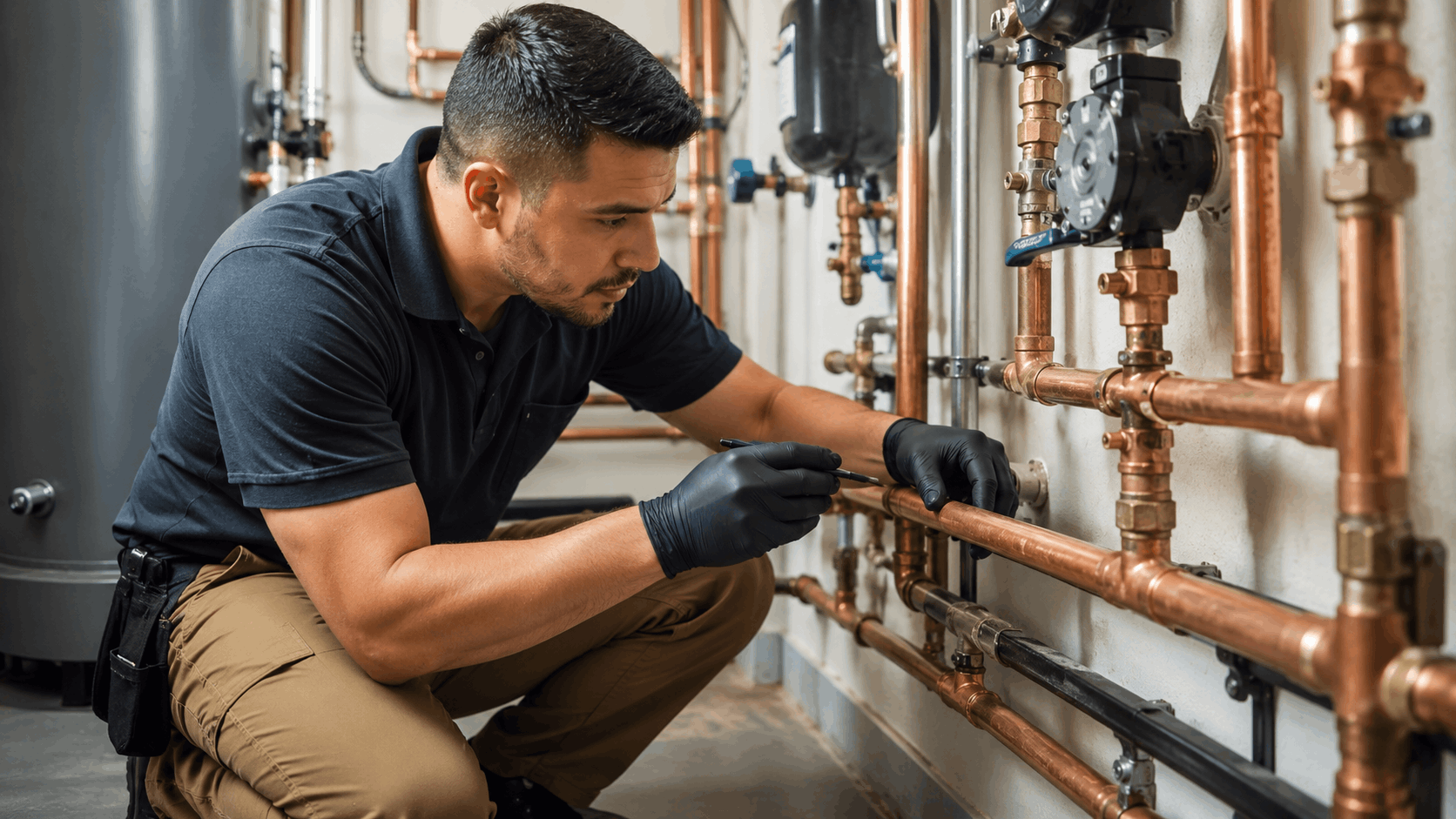 Licensed Las Vegas plumber inspecting copper pipe repipe system in utility room