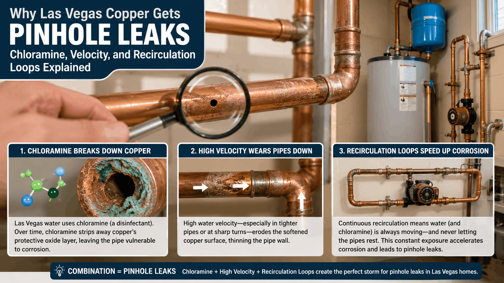 Copper pipe pinhole leak diagram showing chloramine corrosion, water velocity, and recirculation loop damage