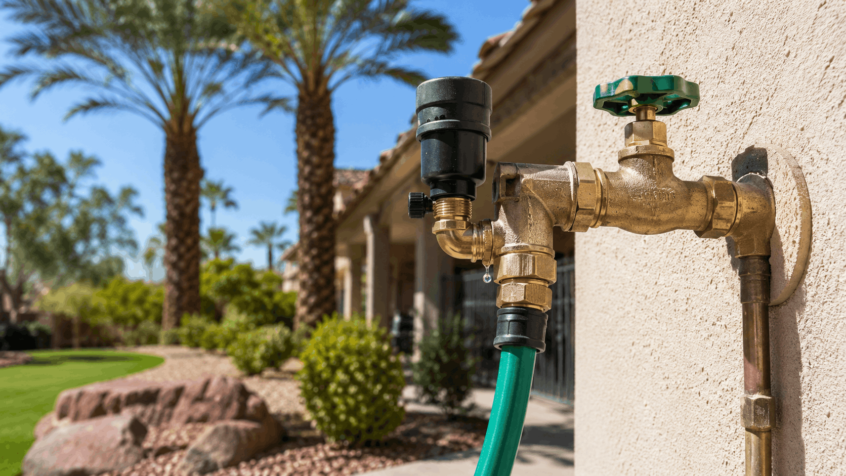Brass hose bib with green handle and attached garden hose on stucco exterior