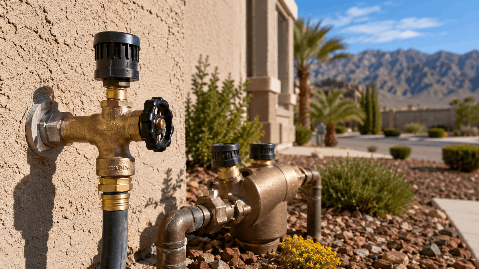 Brass hose bib with vacuum breaker and backflow preventer on Las Vegas home exterior