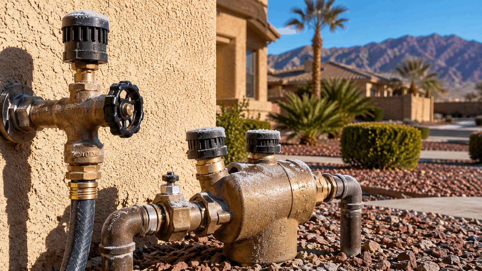 Frost-covered brass backflow preventer and shut-off valves on Las Vegas home exterior