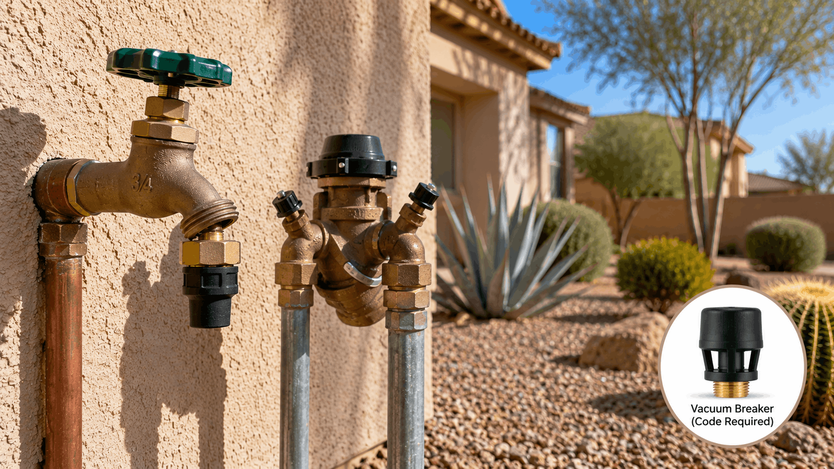Brass outdoor hose bib with vacuum breaker and backflow preventer on stucco wall