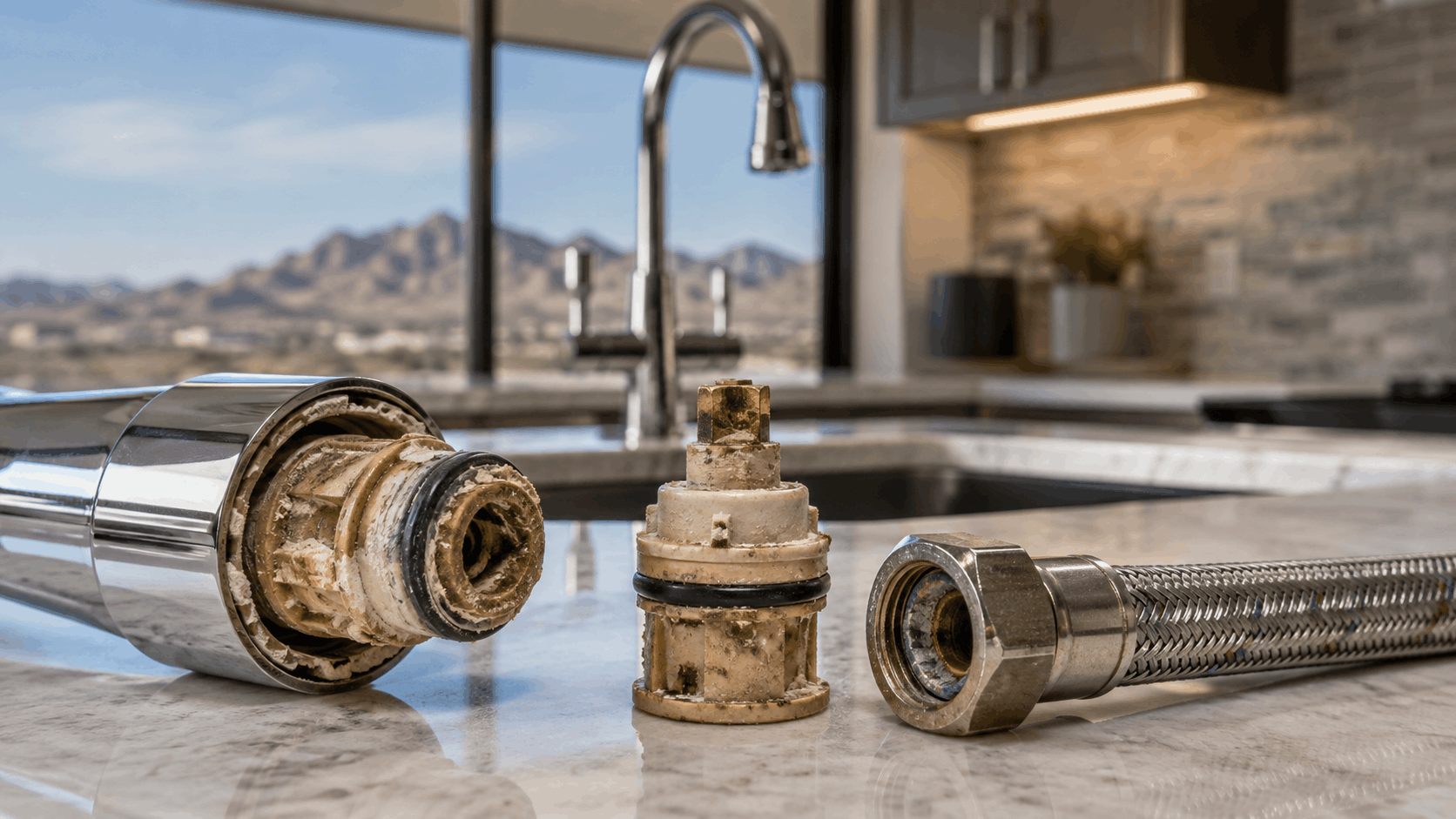 Mineral-encrusted faucet cartridge and supply line removed due to hard water damage Las Vegas kitchen