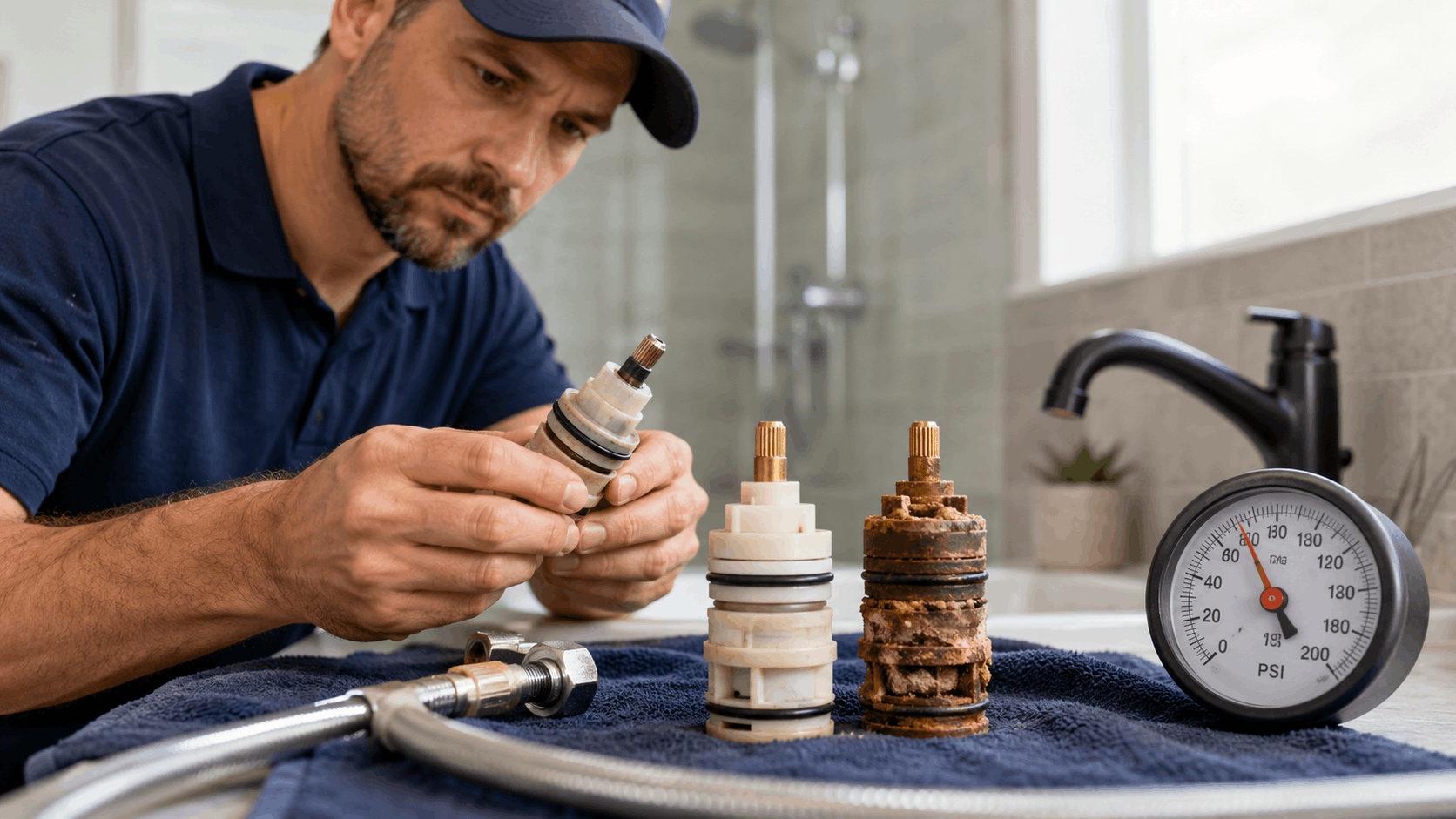 Plumber inspecting faucet cartridges beside PSI gauge and braided supply hose