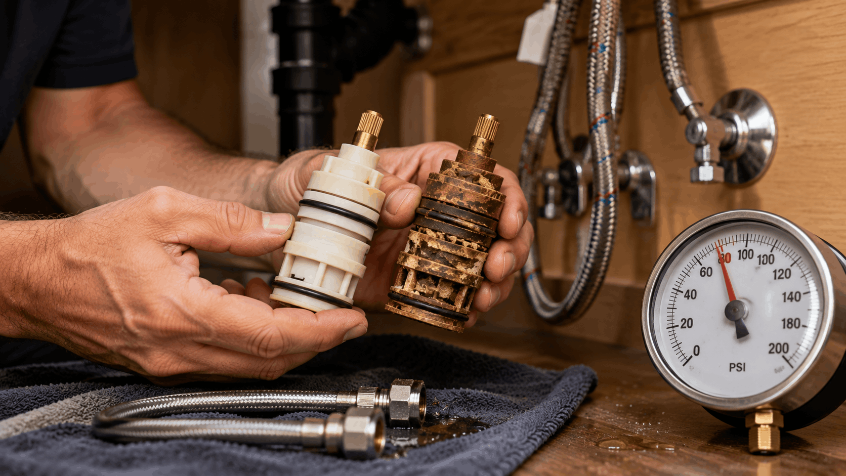 Plumber comparing new and mineral-encrusted faucet cartridges damaged by hard water buildup