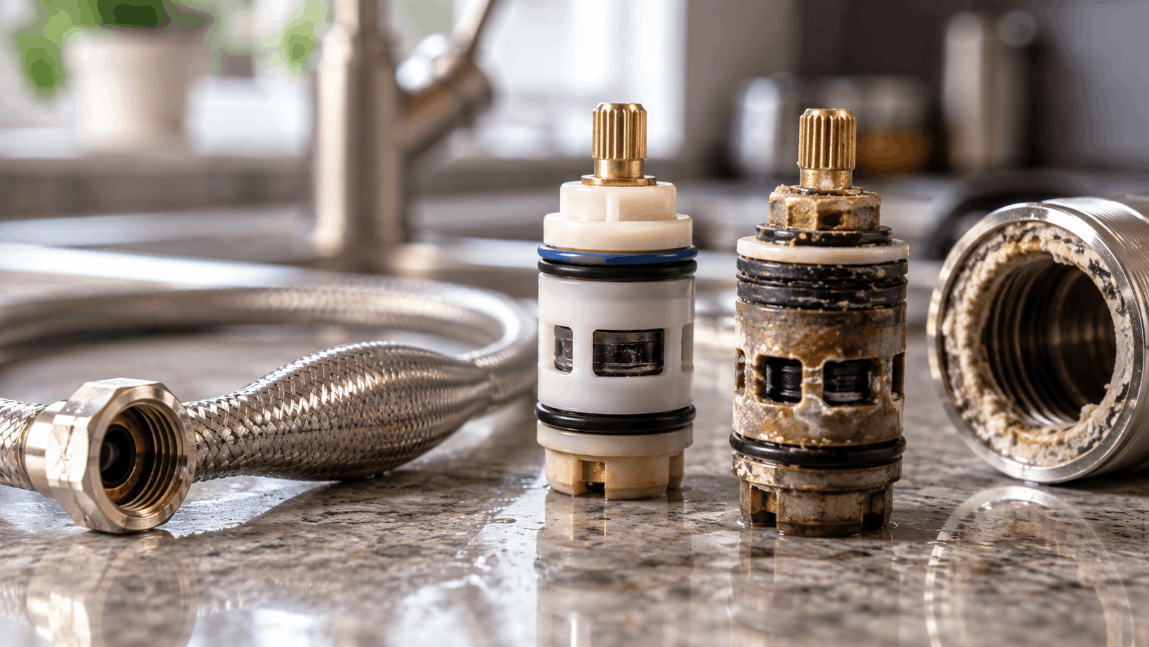 New and old corroded faucet cartridges beside braided supply hose on granite countertop