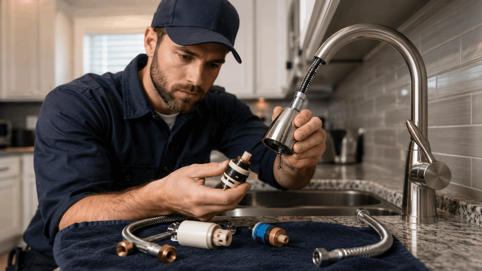 Licensed Las Vegas plumber repairing kitchen faucet cartridge and spray head components